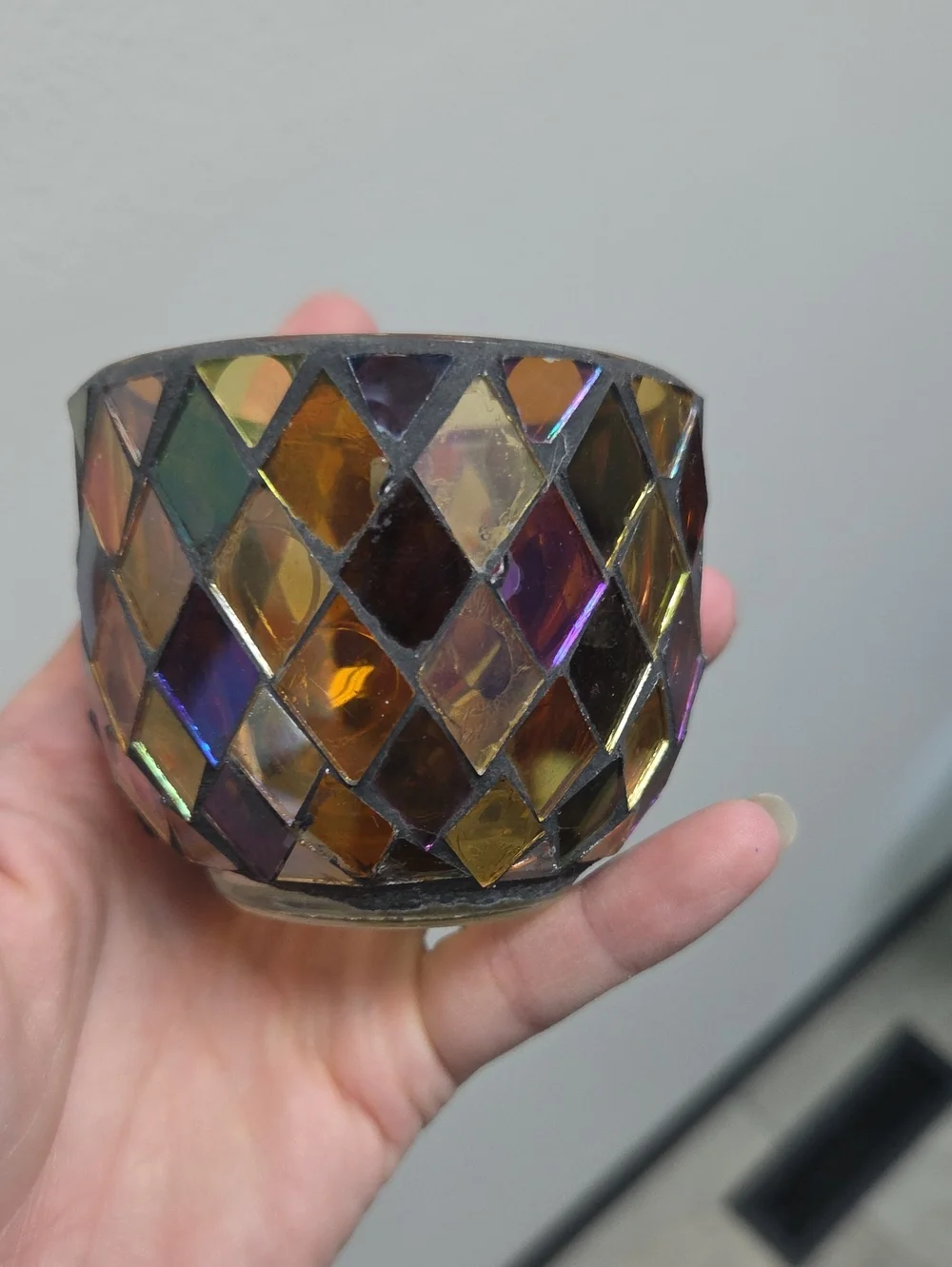 Iridescent Mosaic Glass Votive Holder - Amber & Purple